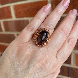 Oval Smoky Quartz set in Gold over 925 Sterling silver Ring, size 6 3/4